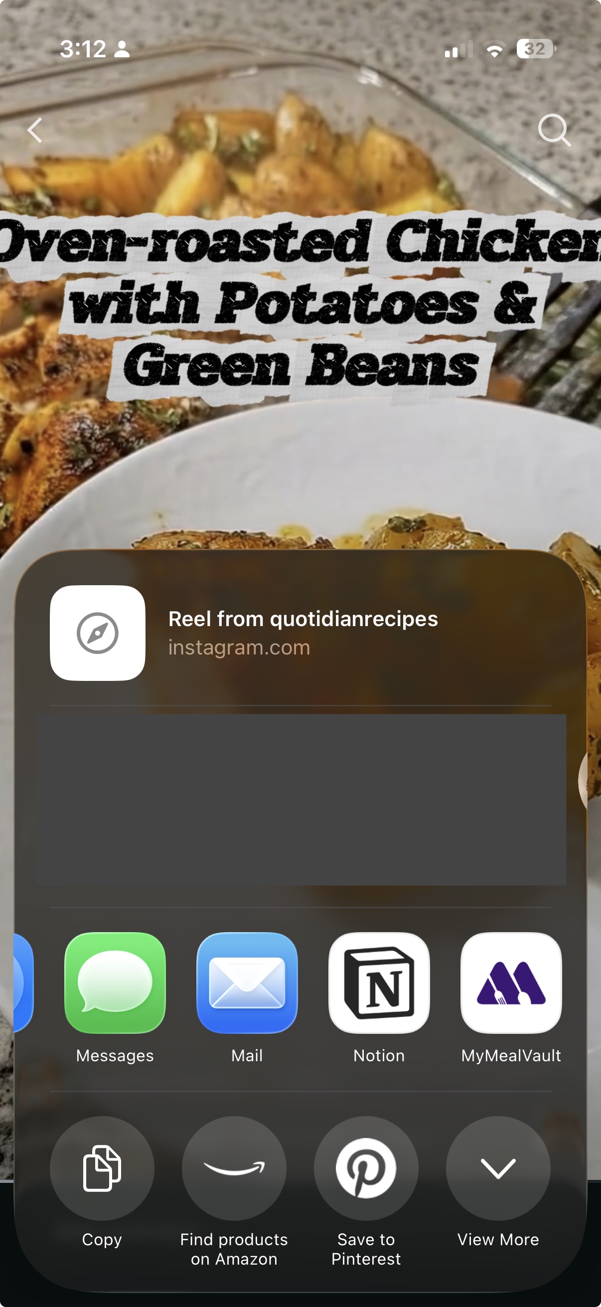 The iOS share sheet showing MyMealVault as an app option for an Instagram Reel.
