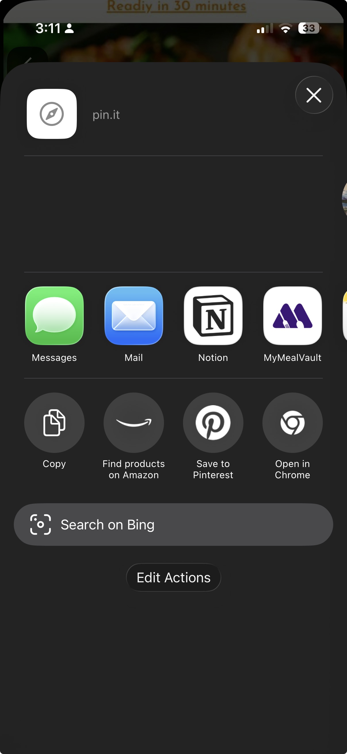 The iOS share sheet showing MyMealVault as an app option for a Pinterest link.