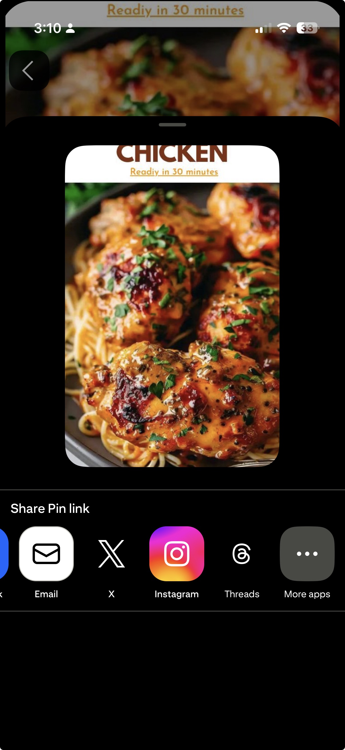 The Pinterest share pin link panel with a More apps button.