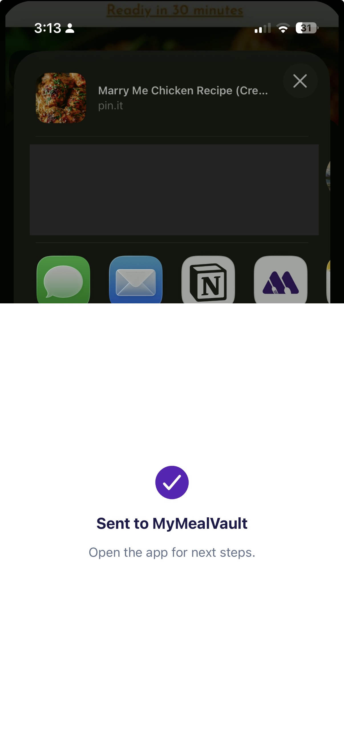 A confirmation screen that says Sent to MyMealVault.