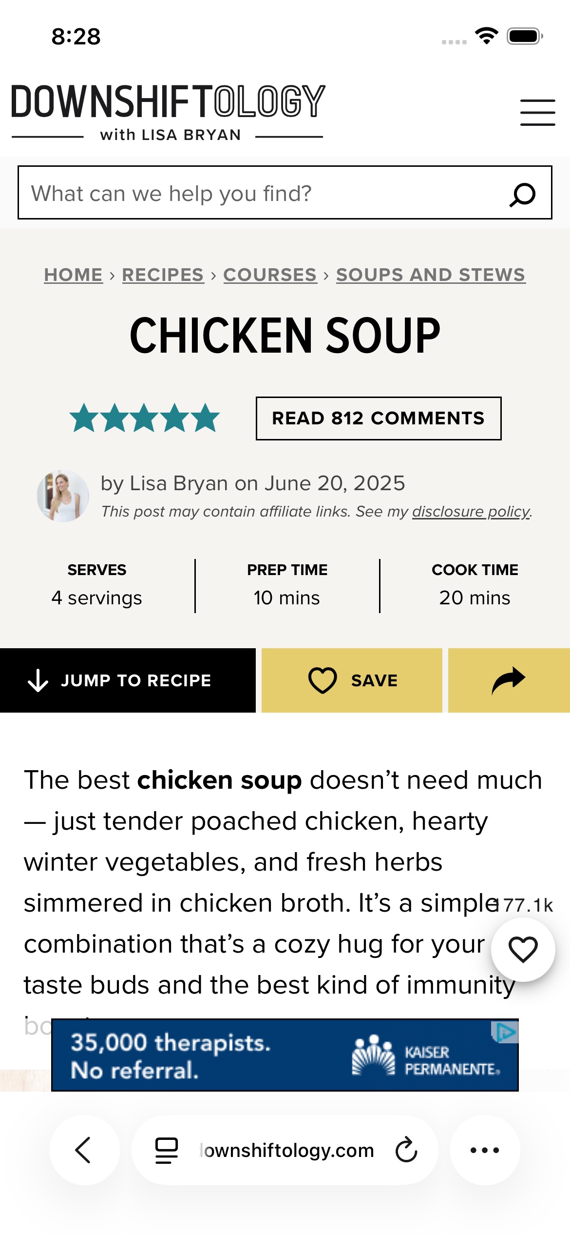 A recipe website open in Safari on iPhone.