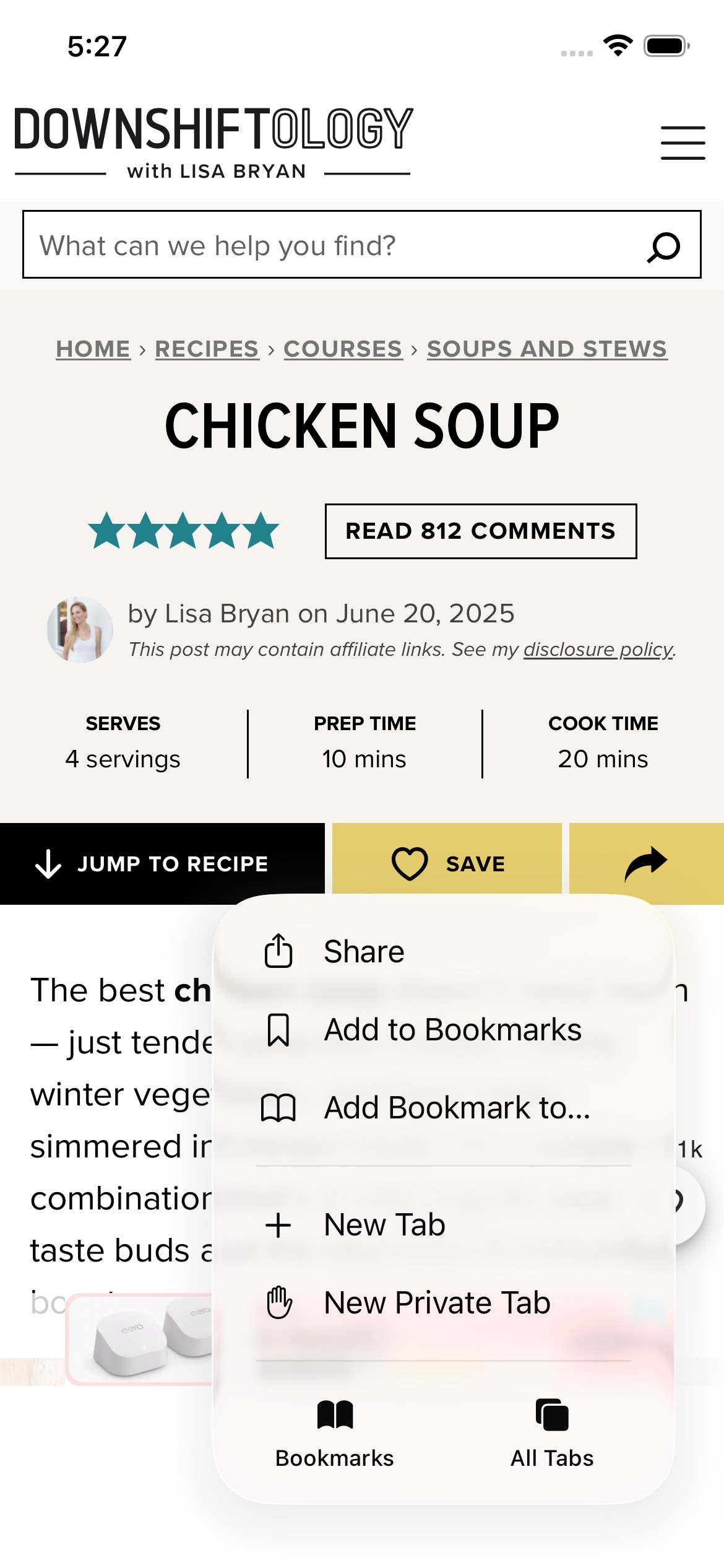 The Safari page actions menu with Share at the top.