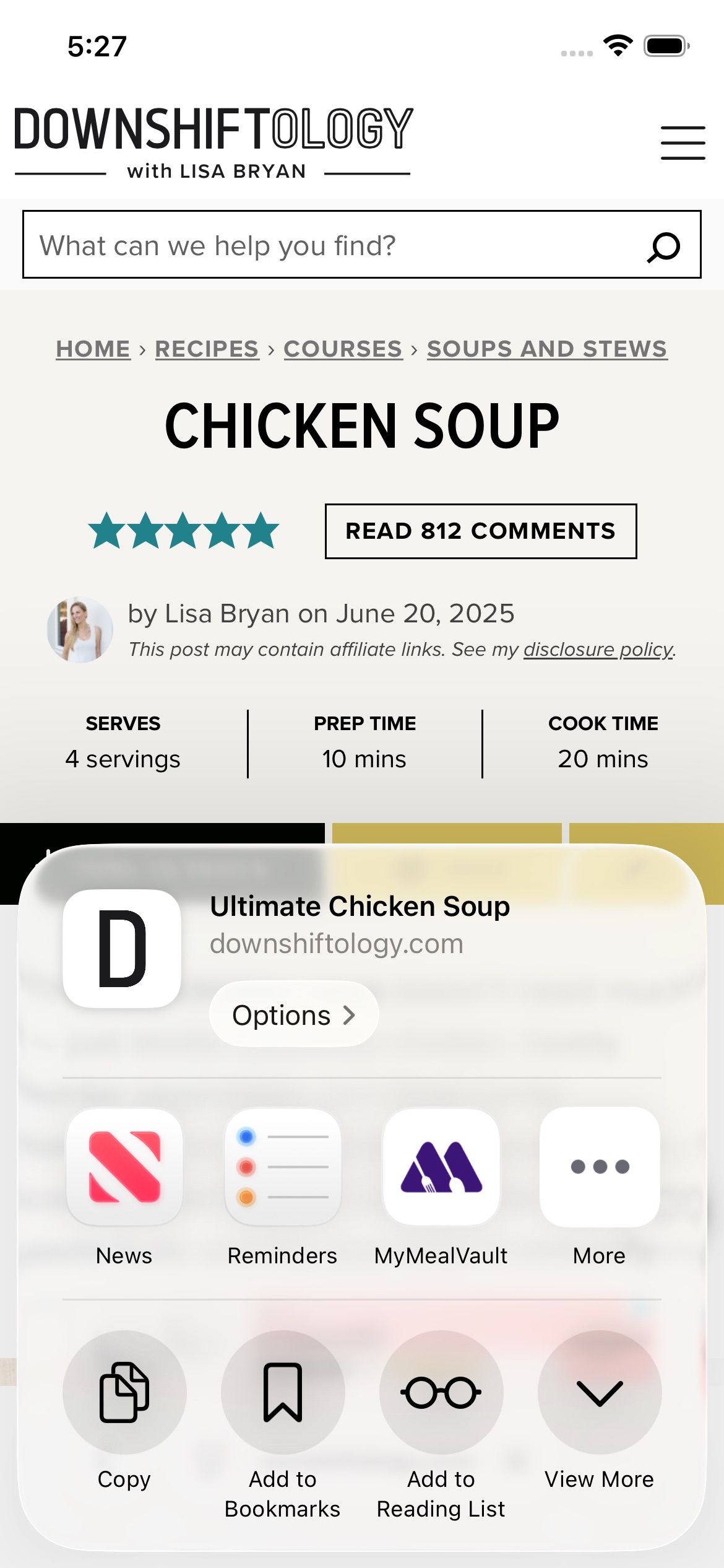 The iOS share sheet showing MyMealVault as an app option.