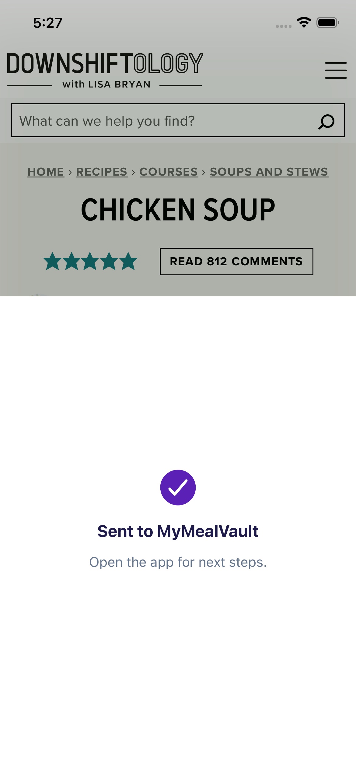 A confirmation screen that says Sent to MyMealVault.