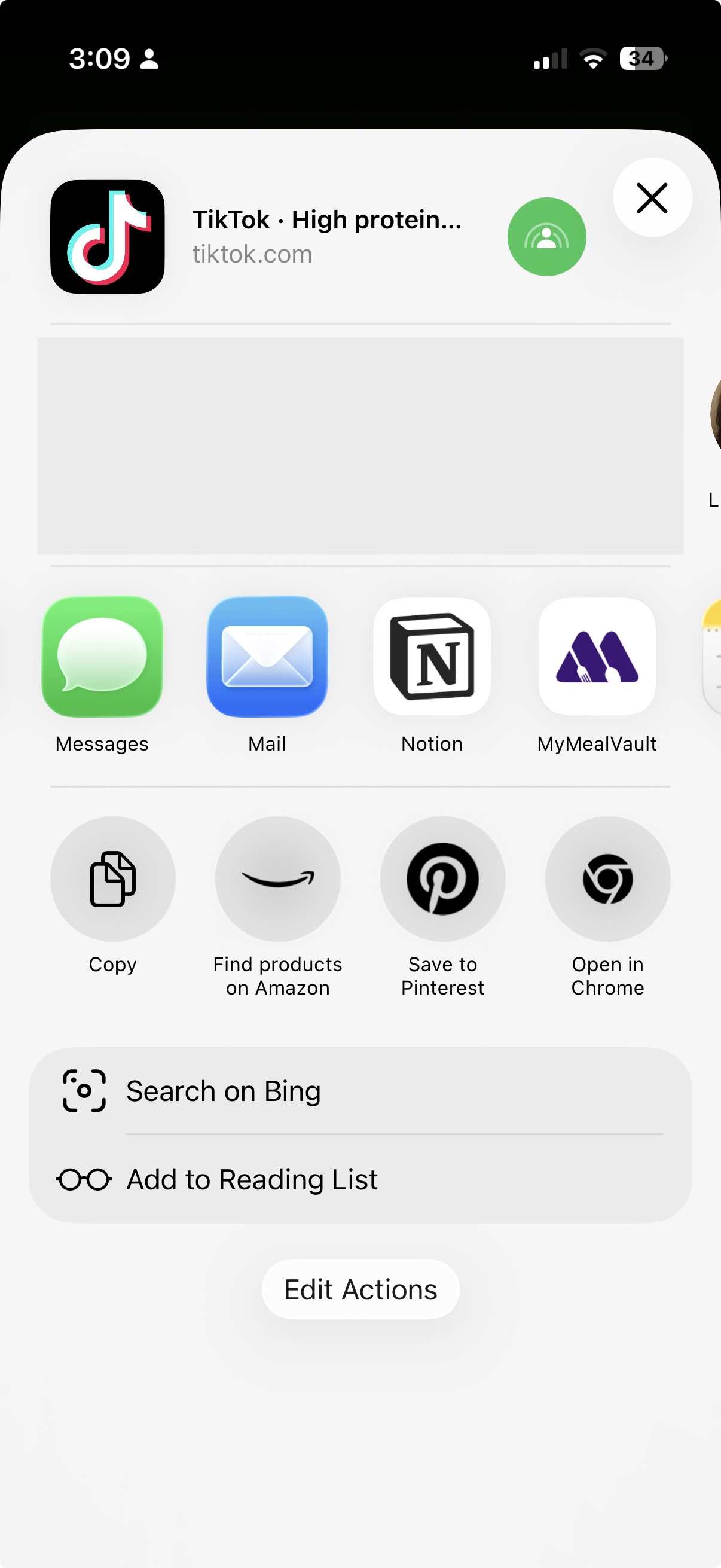 The iOS share sheet showing MyMealVault as an app option for a TikTok link.