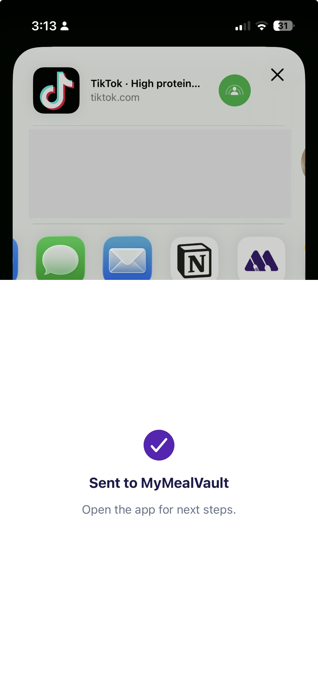 A confirmation screen that says Sent to MyMealVault.